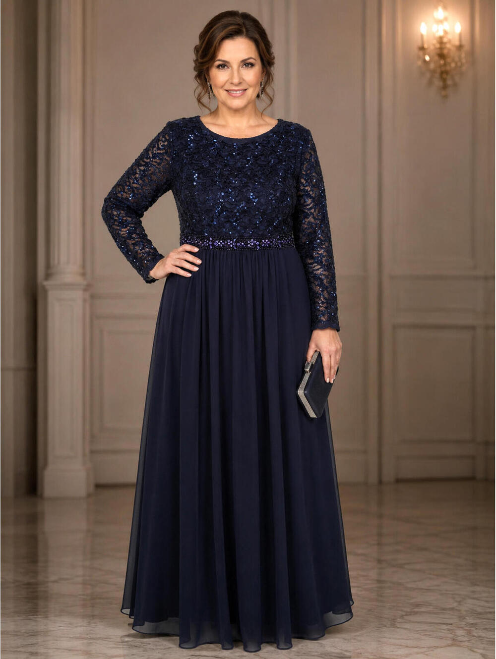 Onyx Nite Navy Blue Long Sleeve Beaded Lace Evening Gown